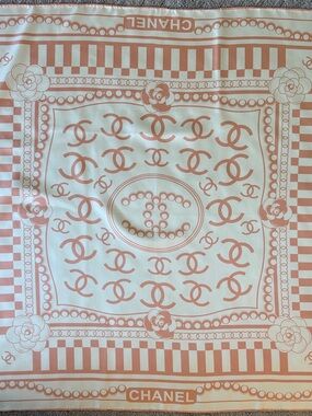 CHANEL Peach and White CC Logo Silk Scarf